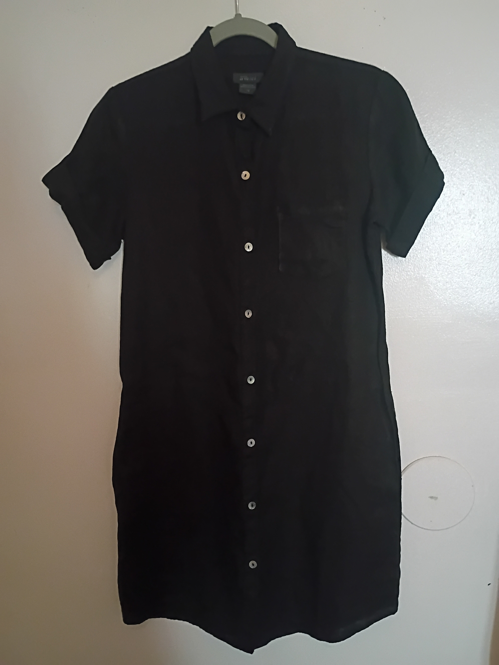 Pure Amici Women’s Black Short Sleeve Button-Front Mini Dress 100% Linen Sz XS